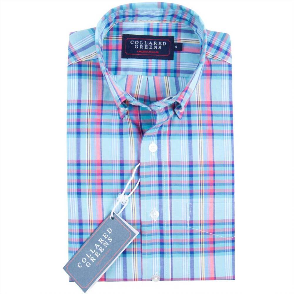 NEW COLLARED GREENS men's windsor button down shirt in navy, pink, teal & yellow